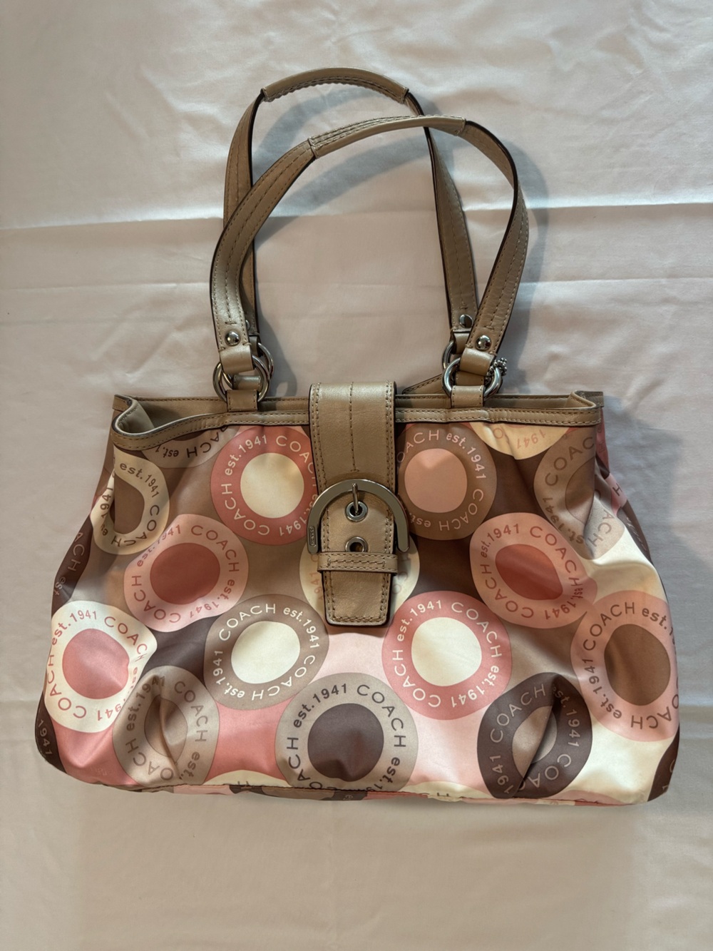 Coach Pink, Brown & Cream Signature Circle Purse